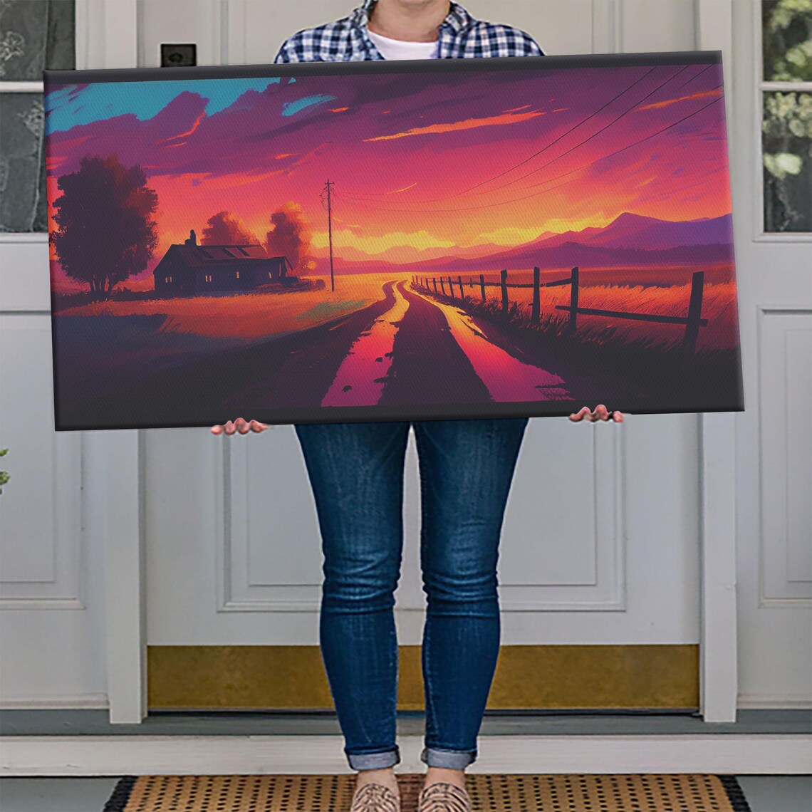 Synthwave Farmhouse Sunset Dirt Road Neon Purple Orange Sky Wall Art - Image 4