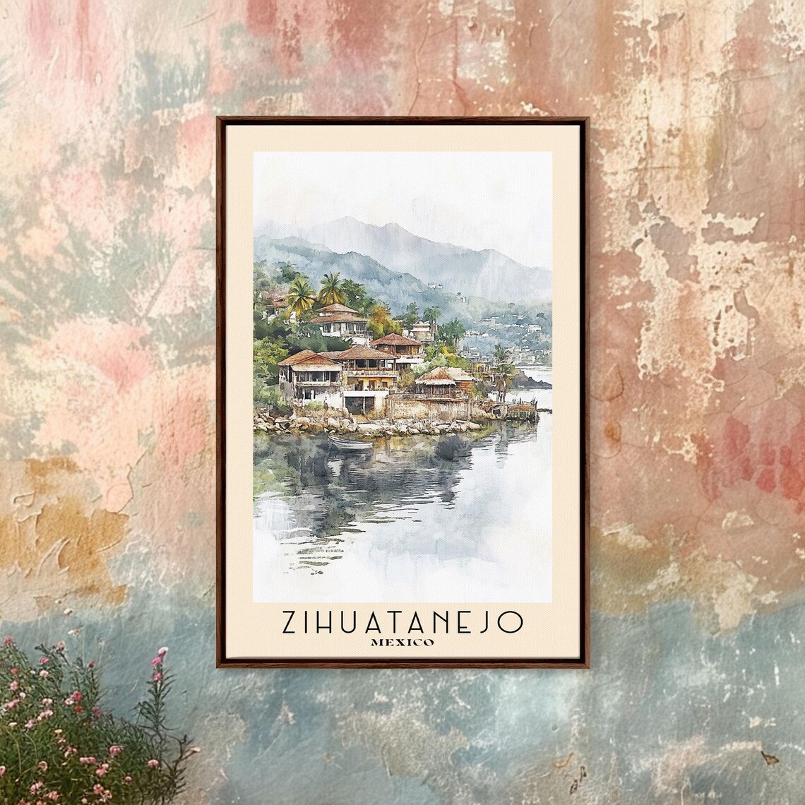 Zihuatanejo Mexico Waterfront Villas Calm Bay Hills Watercolor Poster - Image 4