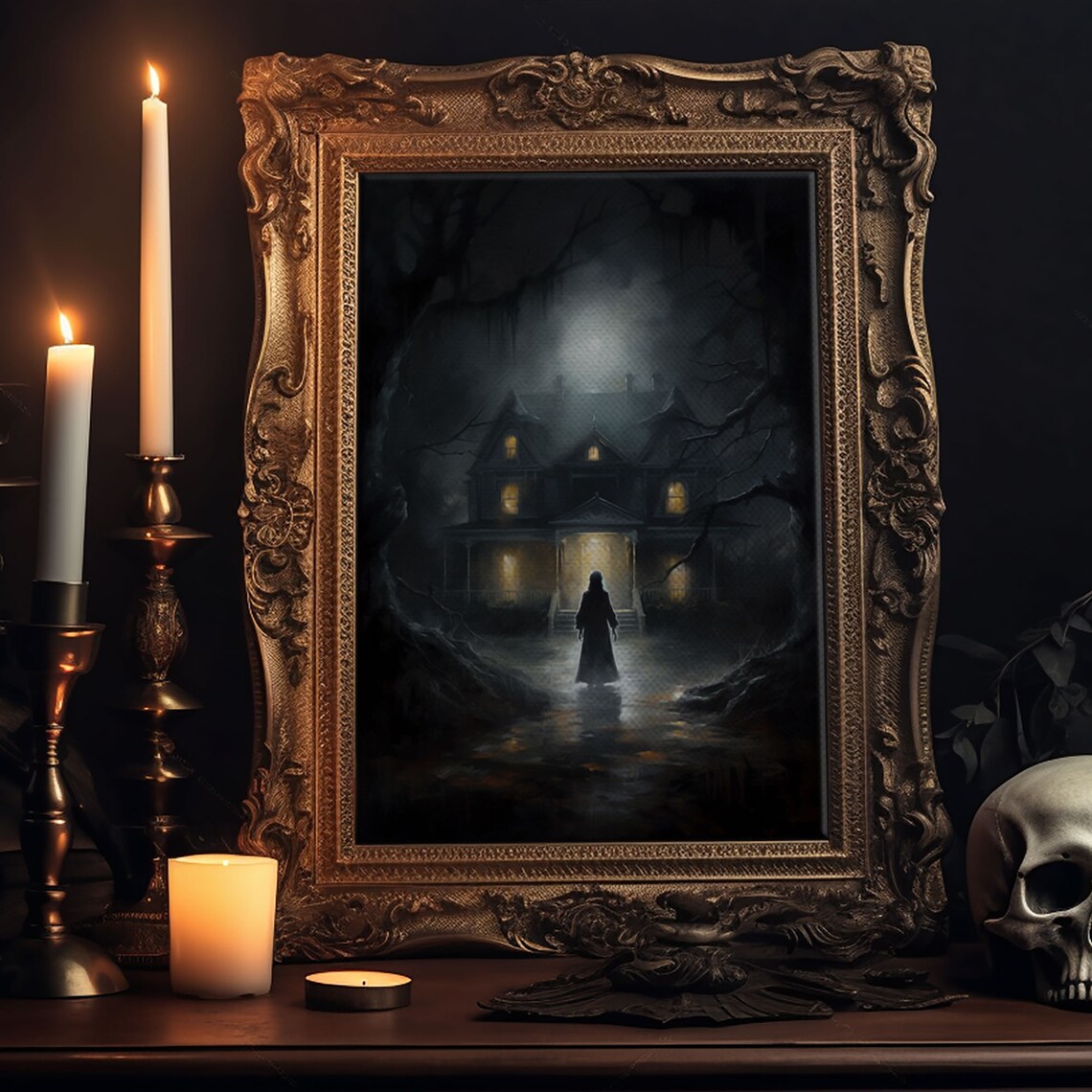 Haunted Mansion Moonlight Hooded Figure Dark Gothic Horror Art Poster - Image 6