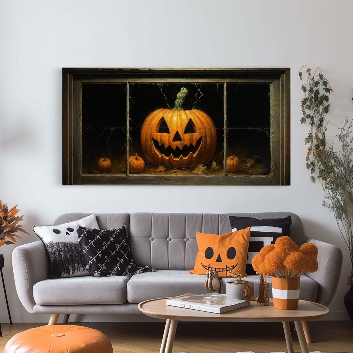 Glowing Jack O Lantern In Dark Window Frame Vintage Halloween Print - Image 6