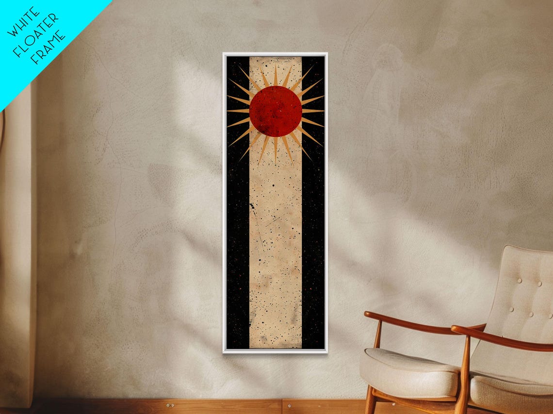 Abstract Red Sunburst Gold Rays Distressed Black Beige Column Poster - Image 2