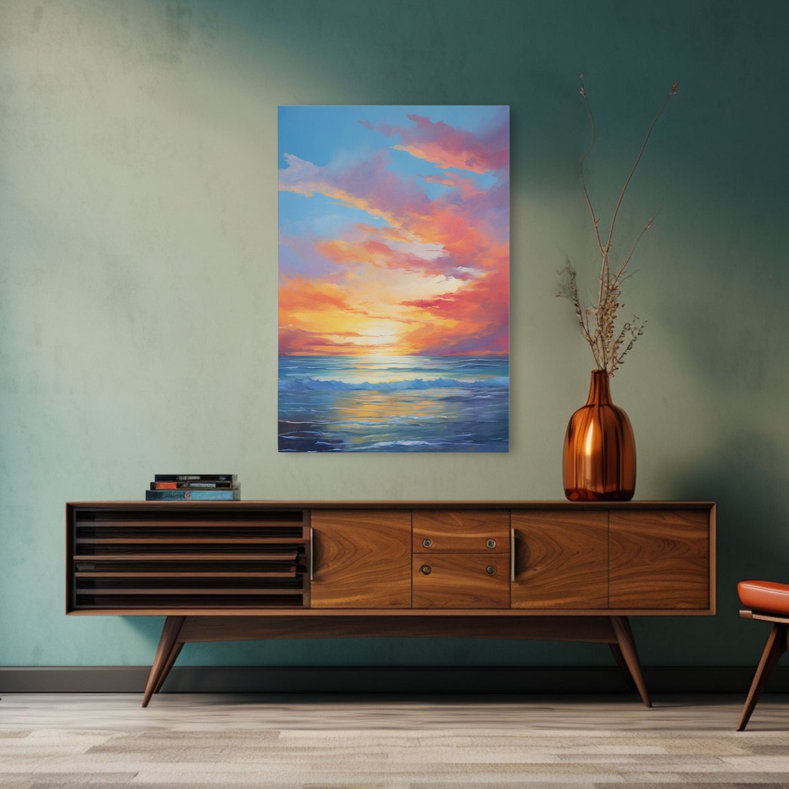 Ocean Sunset Vibrant Orange Pink Clouds Waves Seascape Art Poster - Image 5