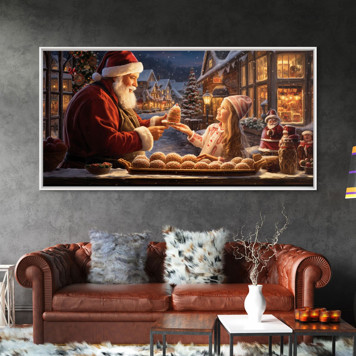 Santa Sharing Christmas Cake With Little Girl Village Poster