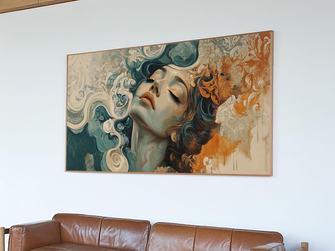 Art Nouveau Woman Flowing Hair Teal Orange Swirls Feminine Wall Poster - Image 4