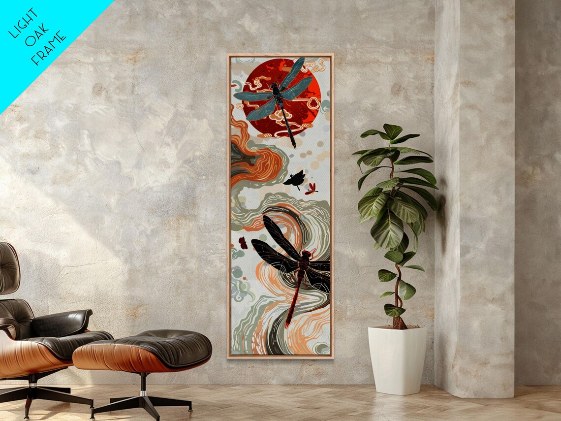 Dragonflies Bold Red Sun Flowing Clouds Japanese Style Tall Vertical Wall Art Poster - Image 2