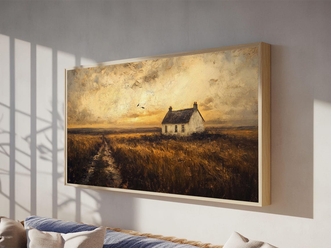 Rustic Cottage In Golden Wheat Field At Sunset Landscape Poster - Image 2