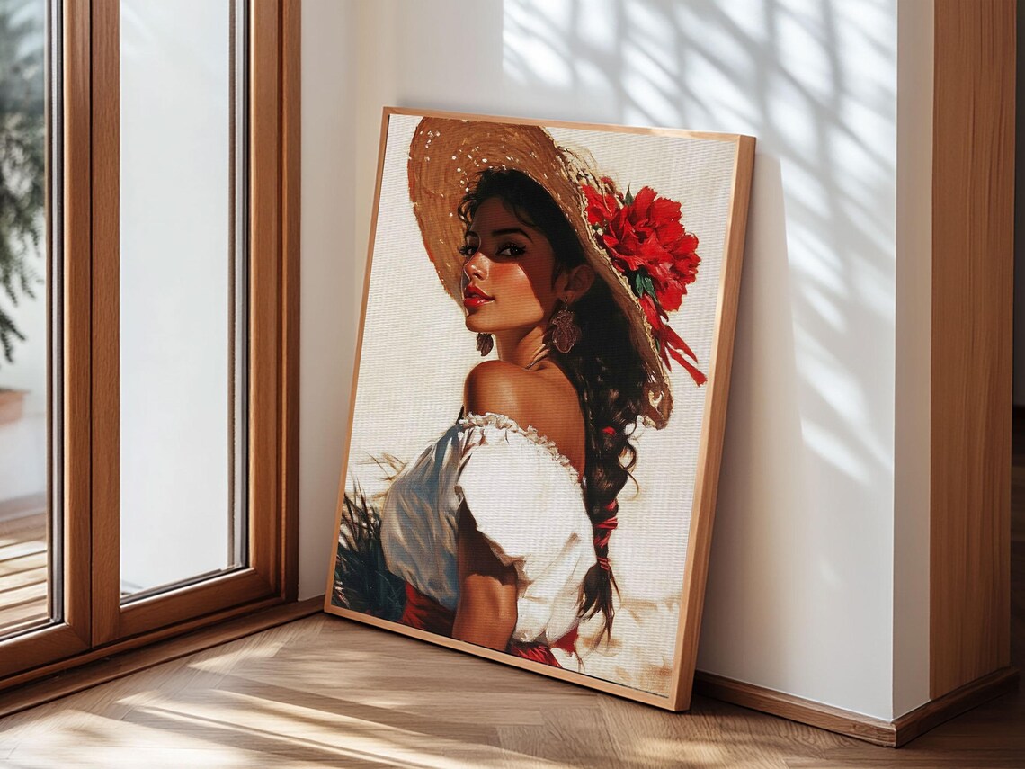 Mexican Woman Straw Hat Red Flowers Romantic Portrait Wall Art Poster