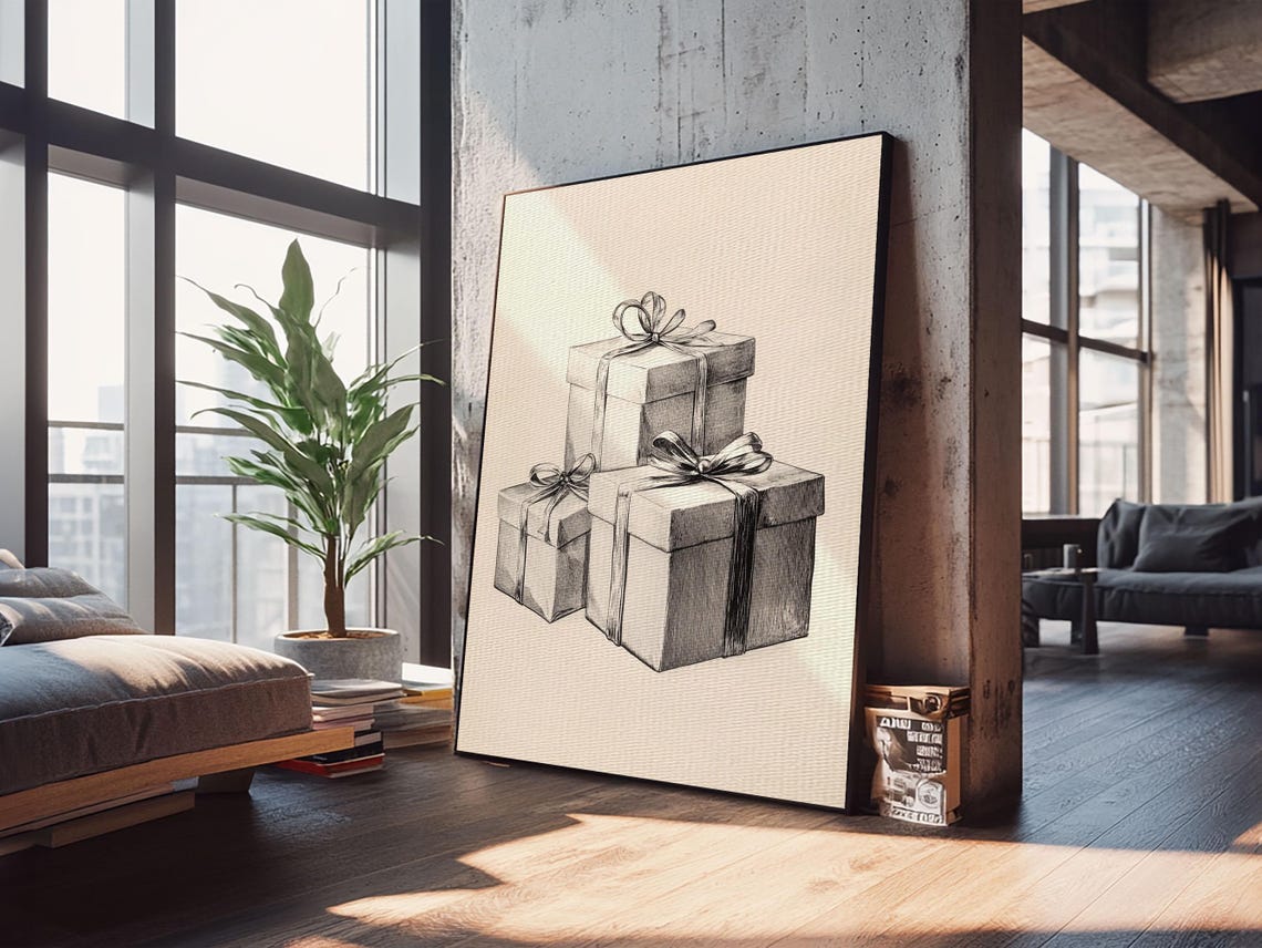 Stacked Christmas Gift Boxes Pencil Sketch Minimalist Holiday Poster - Image 6