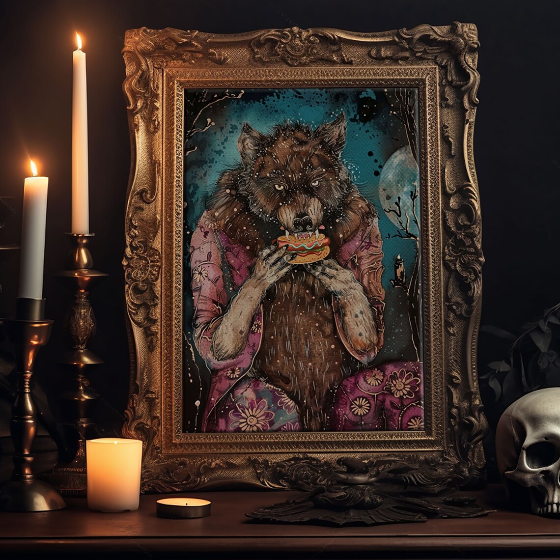 Werewolf Eating Hotdog Pink Dress Moonlit Funny Halloween Art Poster - Image 6