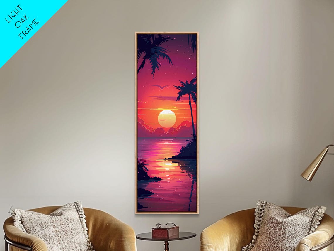 Retro Tropical Palm Sunset Ocean Red Sky Midcentury Beach Poster - Image 2