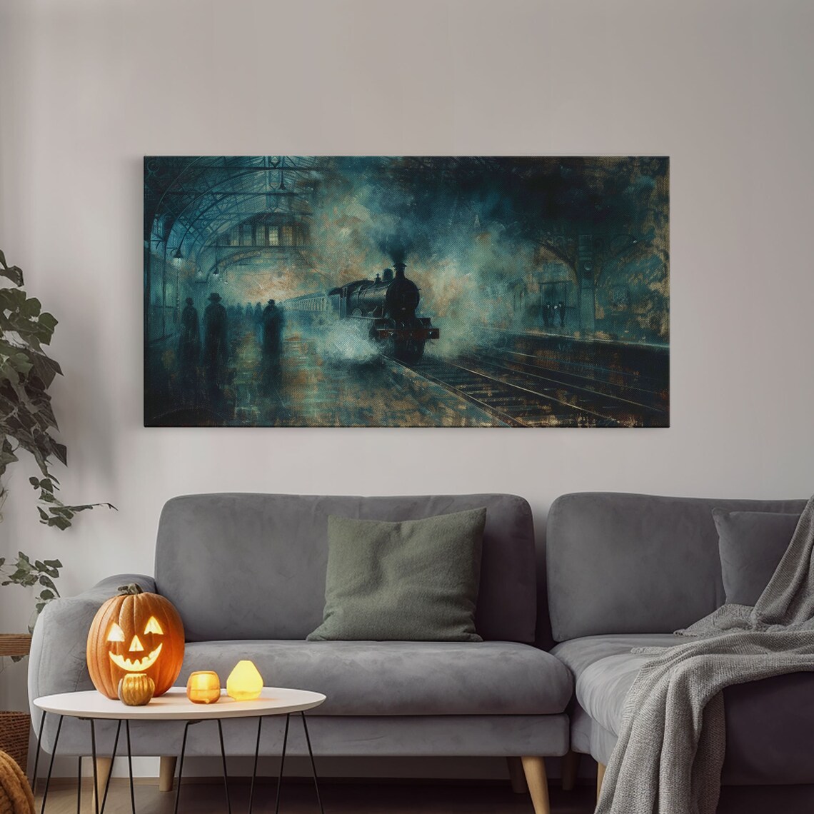 Haunted Steam Train Misty Victorian Station Night Spooky Halloween Wall Art - Image 3
