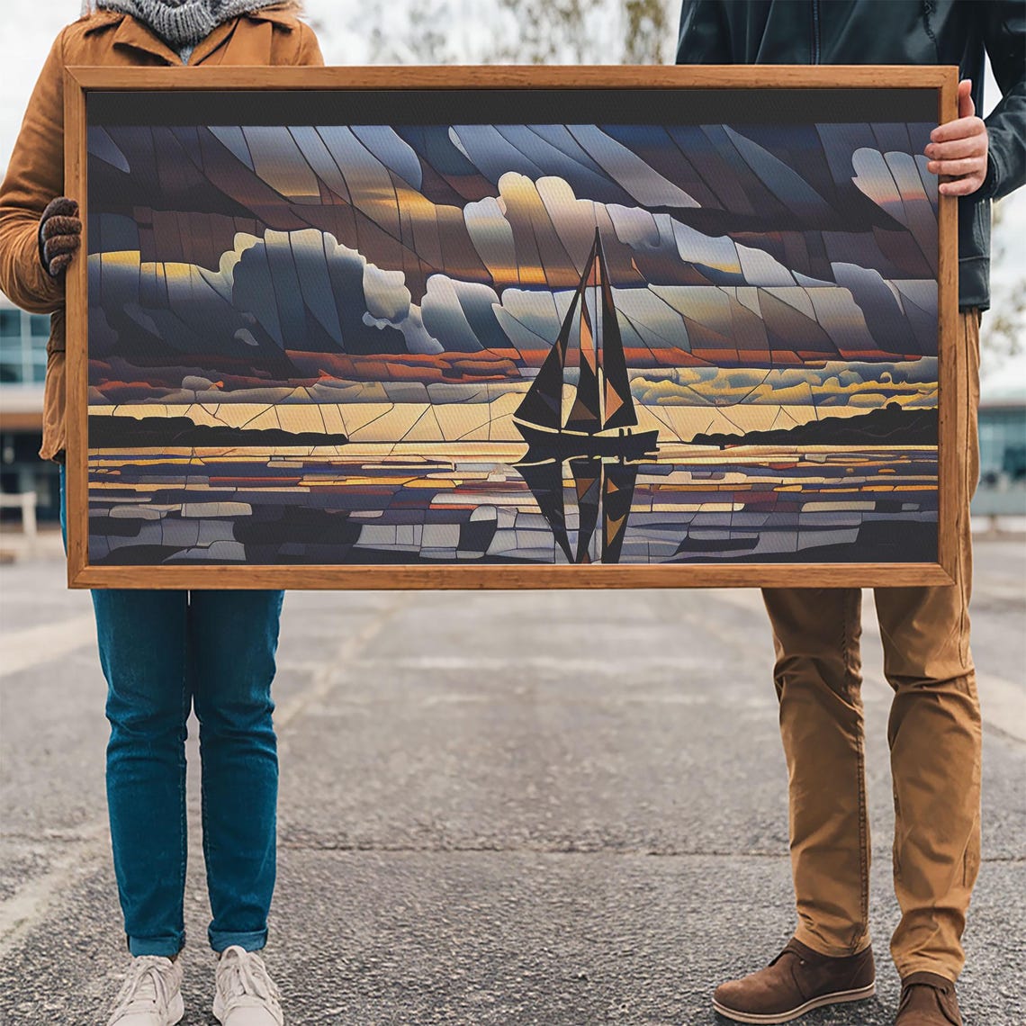 Stained Glass Sailboat Sunset Mosaic Dark Clouds Nautical Art Poster - Image 3
