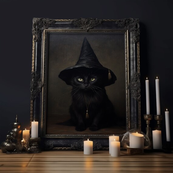 Witch's Familiar Cat Halloween Art Print, Black Cat