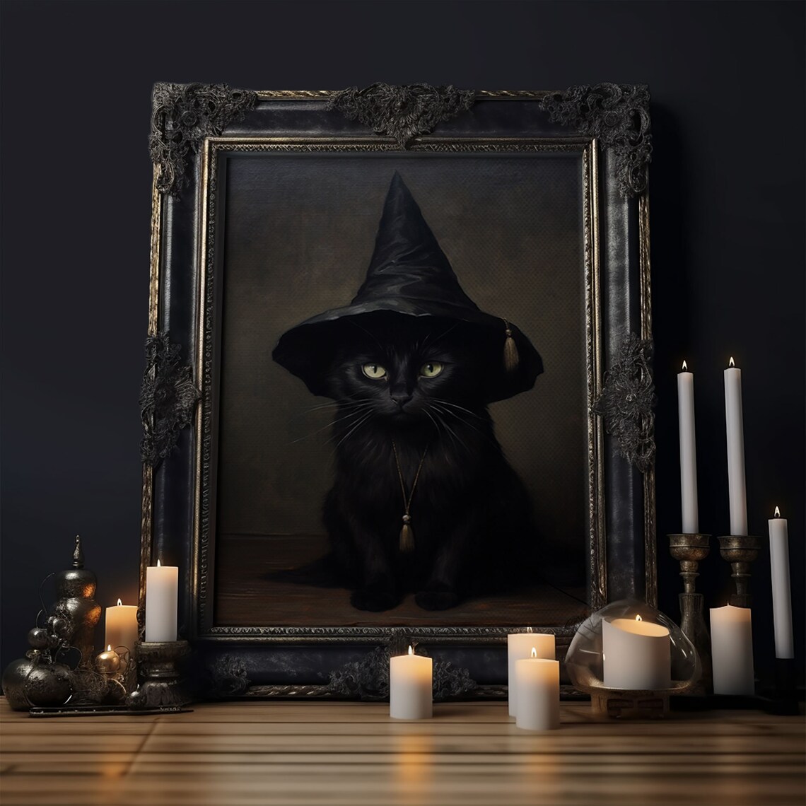Witch's Familiar Cat Halloween Art Print, Black Cat