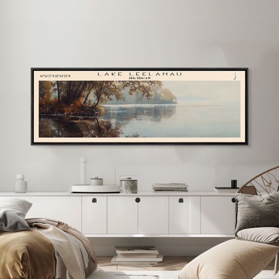 Lake Leelanau Michigan Framed Print Lake House Decor Panoramic Wall Art Travel Poster Serene Waterscape Painting Rustic Art