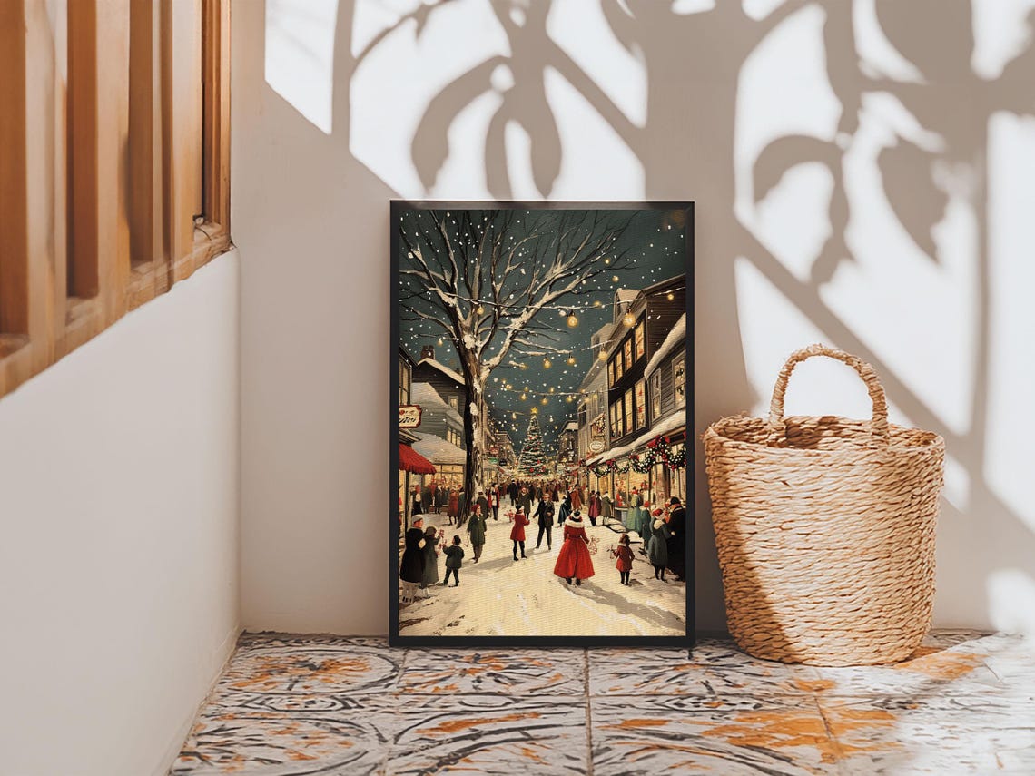 Christmas Eve Town Square Crowd Snowy Night Vintage Painting Poster - Image 5
