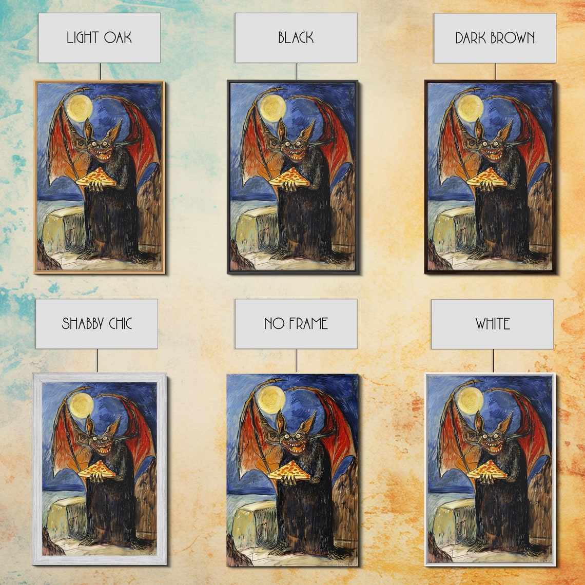 Vampire Bat Pizza Full Moon Starry Night Funny Whimsical Art Poster - Image 2