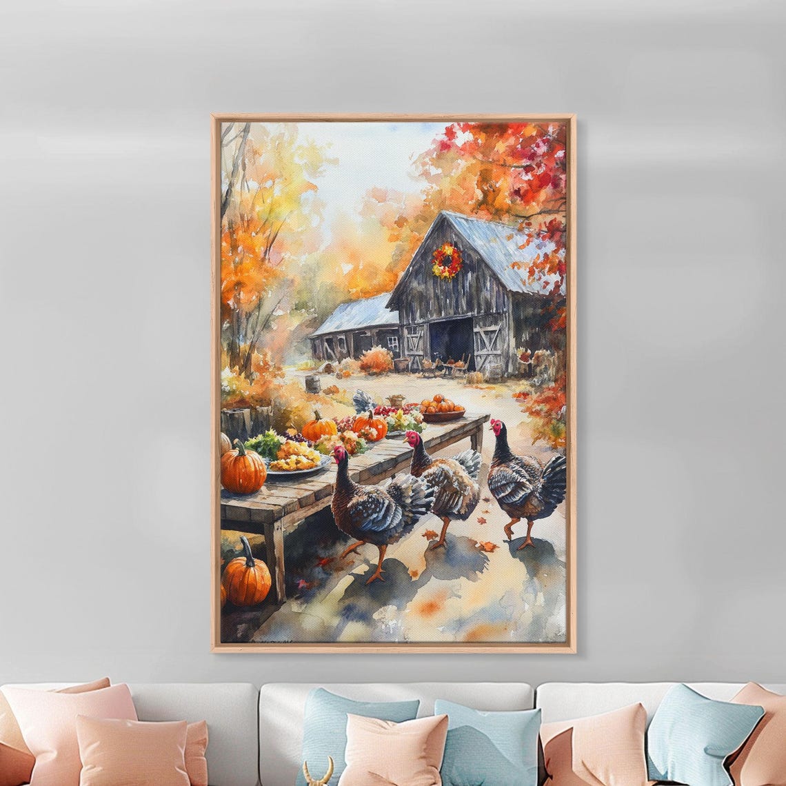 Fall Barn Harvest Table Turkeys Pumpkin Autumn Watercolor Wall Art