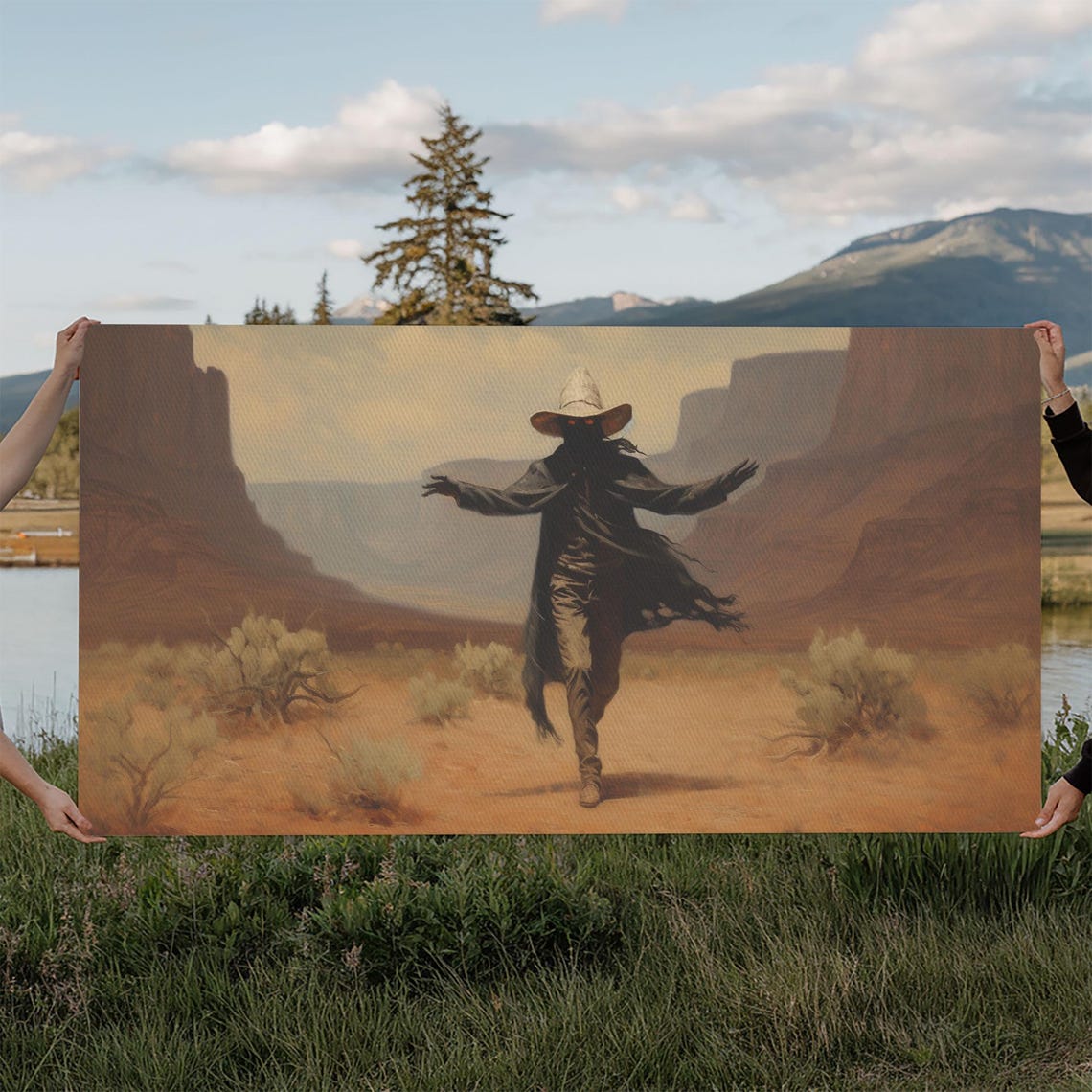 Ghost Cowboy With Arms Outstretched In Red Rock Desert Canyon Poster