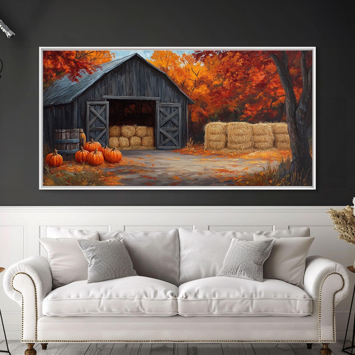 Rustic Dark Barn Hay Bales Pumpkins Blazing Red Autumn Trees Harvest Scene Poster - Image 4