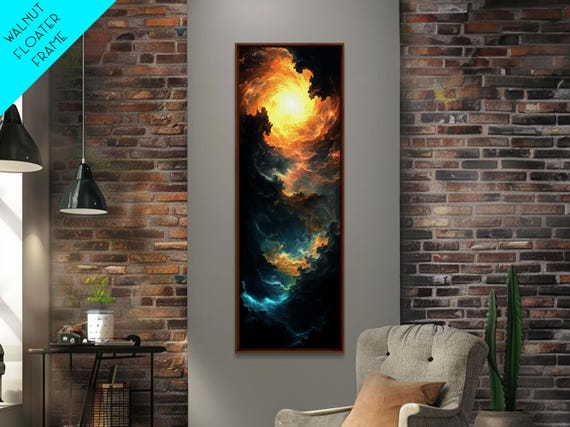 Celestial Abstract Landscape Framed Print Moody Horizontal Wall Art Blue And Gold Living Room Or Bedroom Decor
