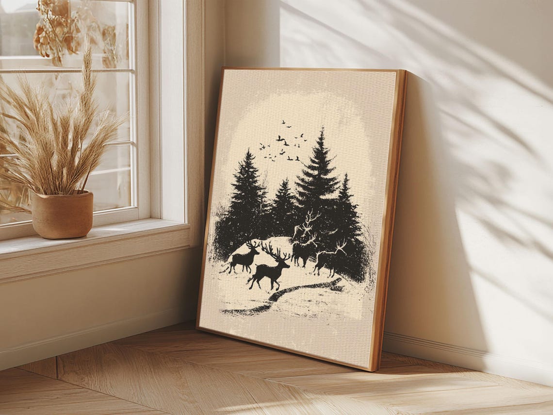 Deer Silhouettes Among Snowy Pines Black Winter Forest Animal Poster - Image 5