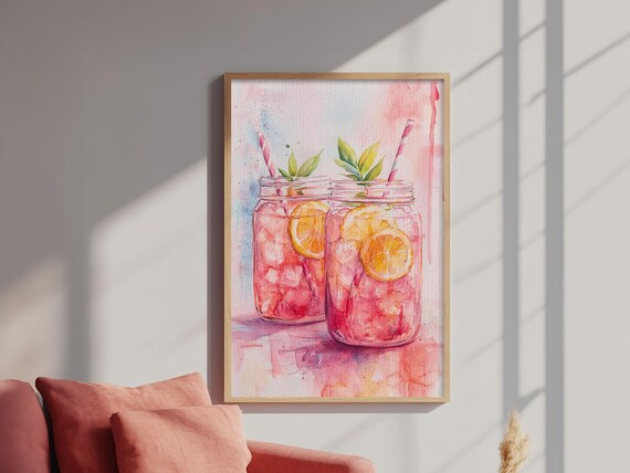 Pink Lemonade Mason Jars Watercolor Citrus Summer Refreshing Poster
