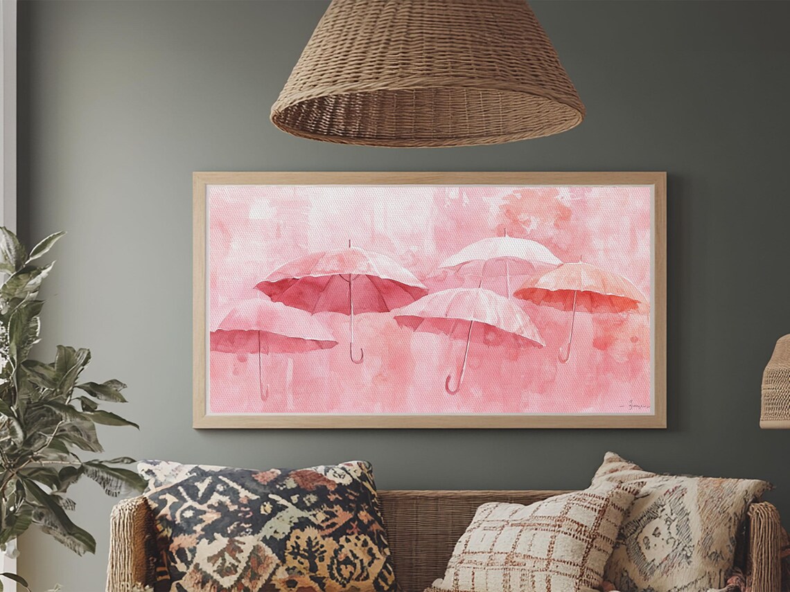Pink Umbrellas Wide Horizontal Watercolor Rainy Day Whimsical Decor Poster - Image 3