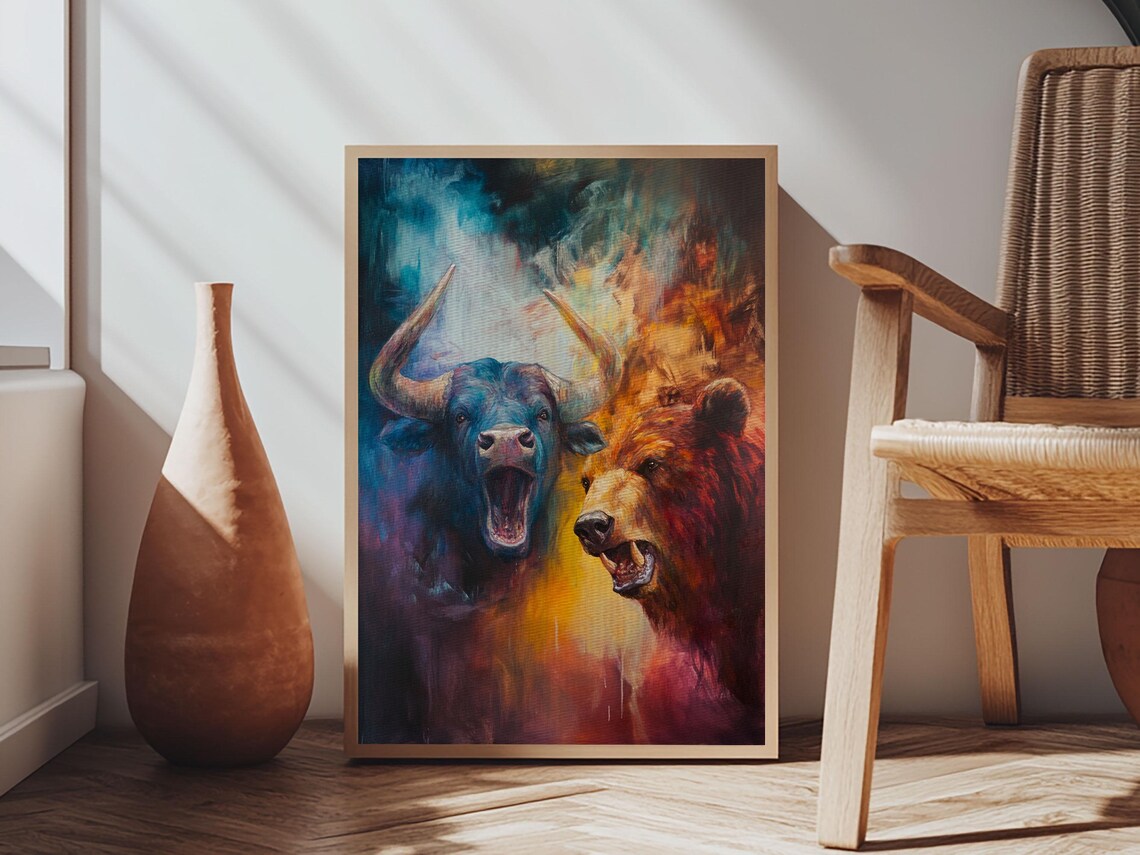 Bull Versus Bear Face Off Fiery Stock Market Animal Battle Art Poster - Image 4