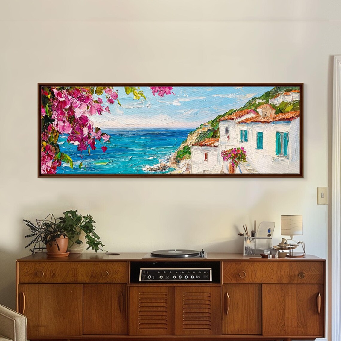 Mediterranean Coastal Village Bougainvillea Sea View Oil Painting Poster - Image 4