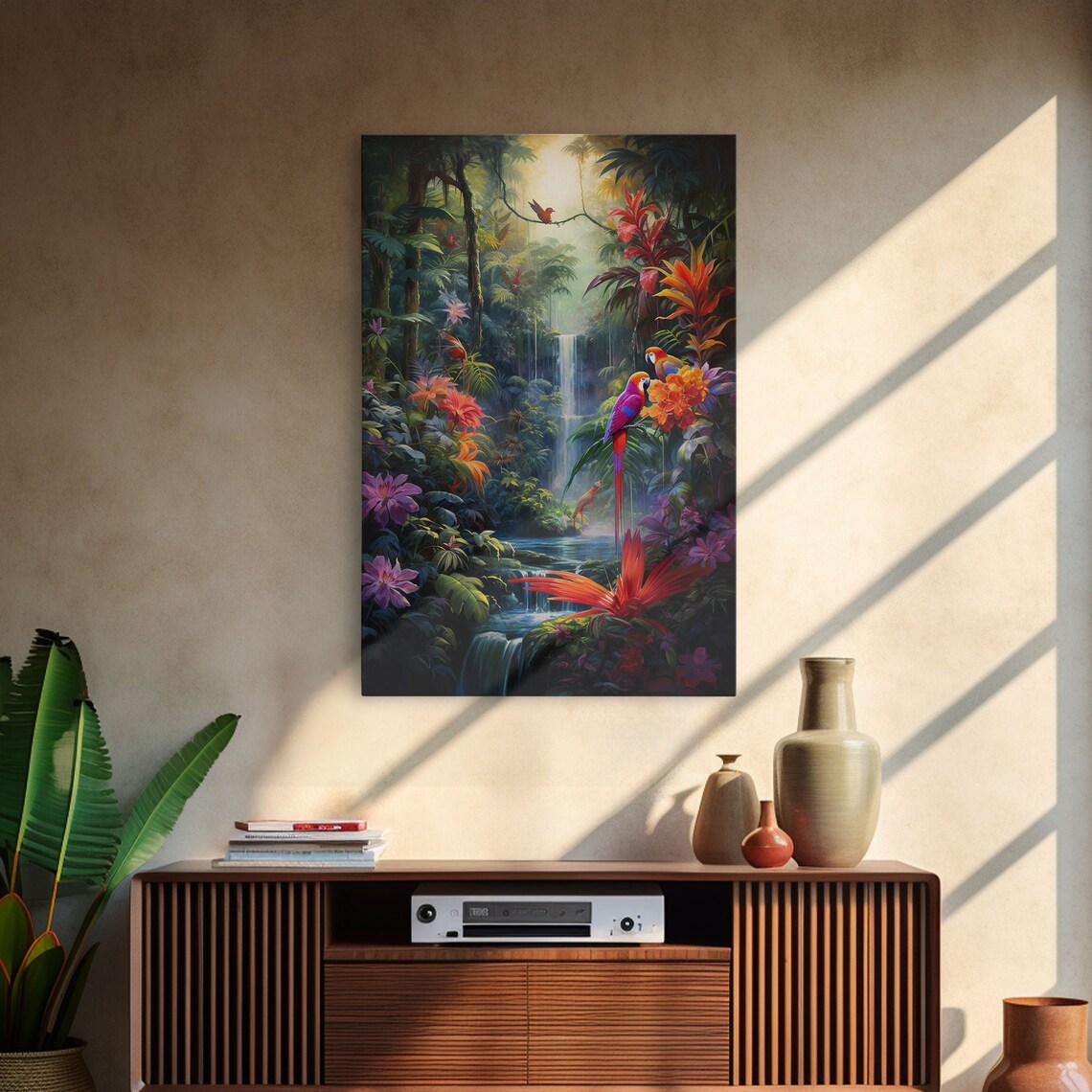 Jungle Birds and Waterfalls Tropical Art Print - Image 3