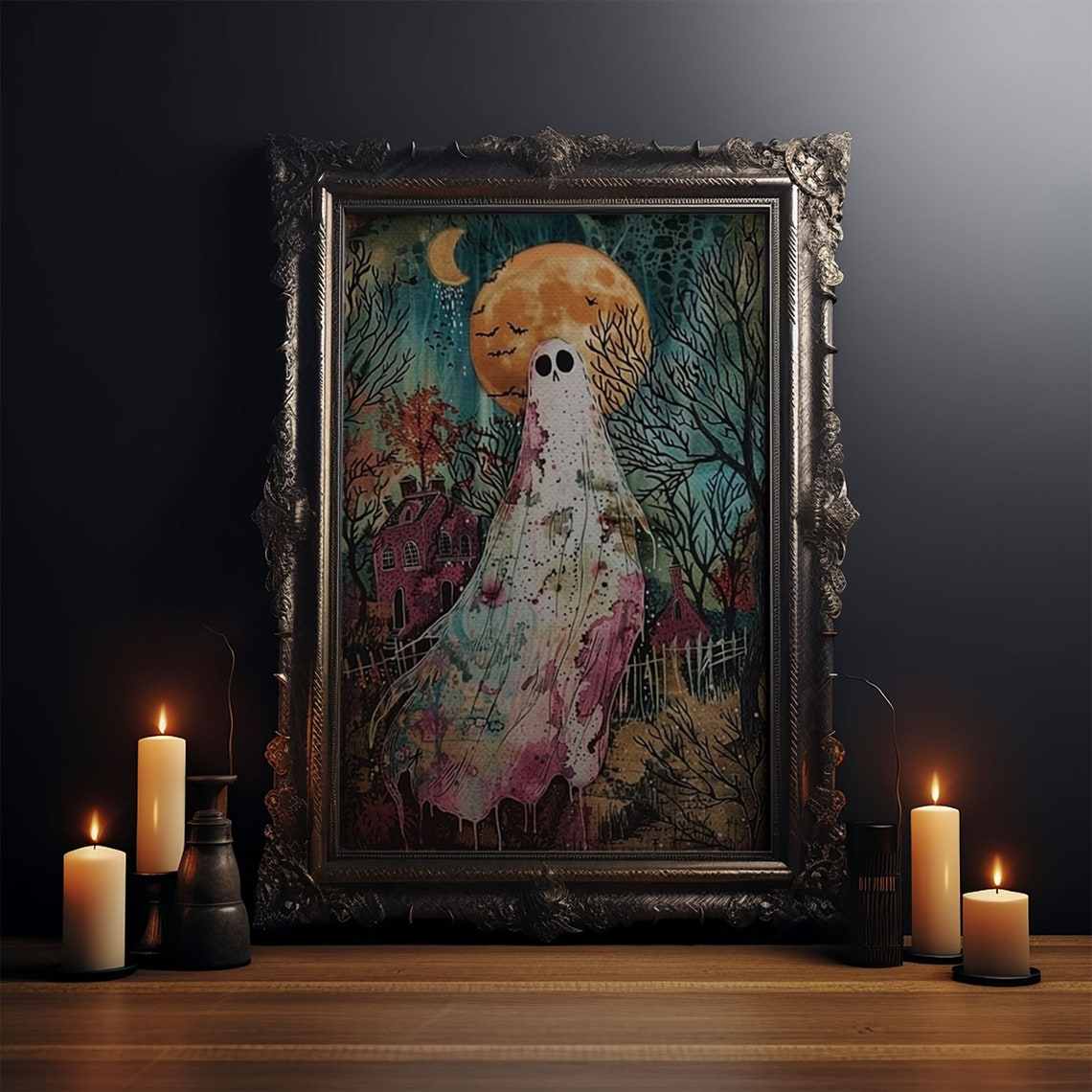 Ghost Under Full Moon Haunted Forest Houses Halloween Art Poster - Image 3