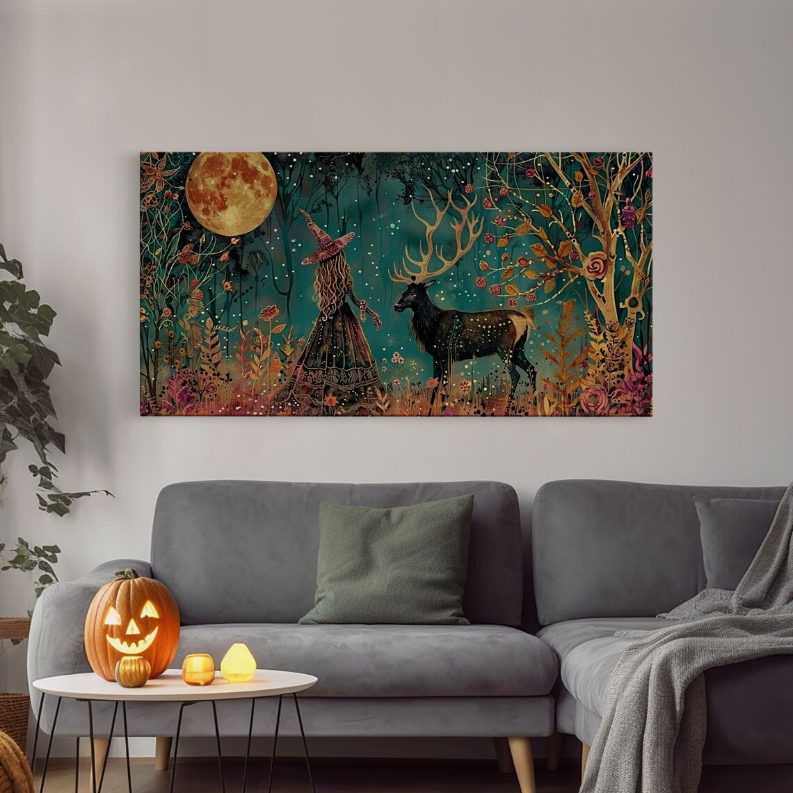 Victorian Witch With Elk Familiar Under Moonlight Art Nouveau Print - Image 4