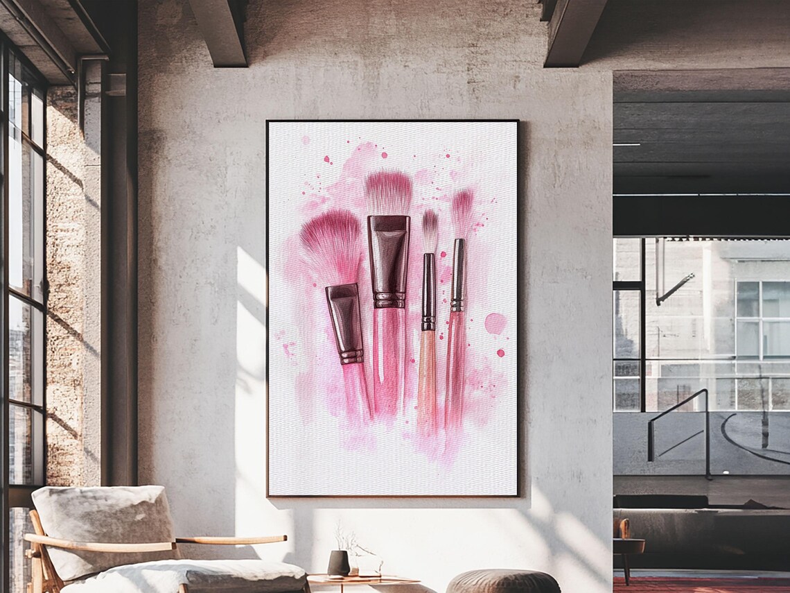 Pink Makeup Brushes Watercolor Canvas Print Feminine Vanity Wall Poster - Image 5