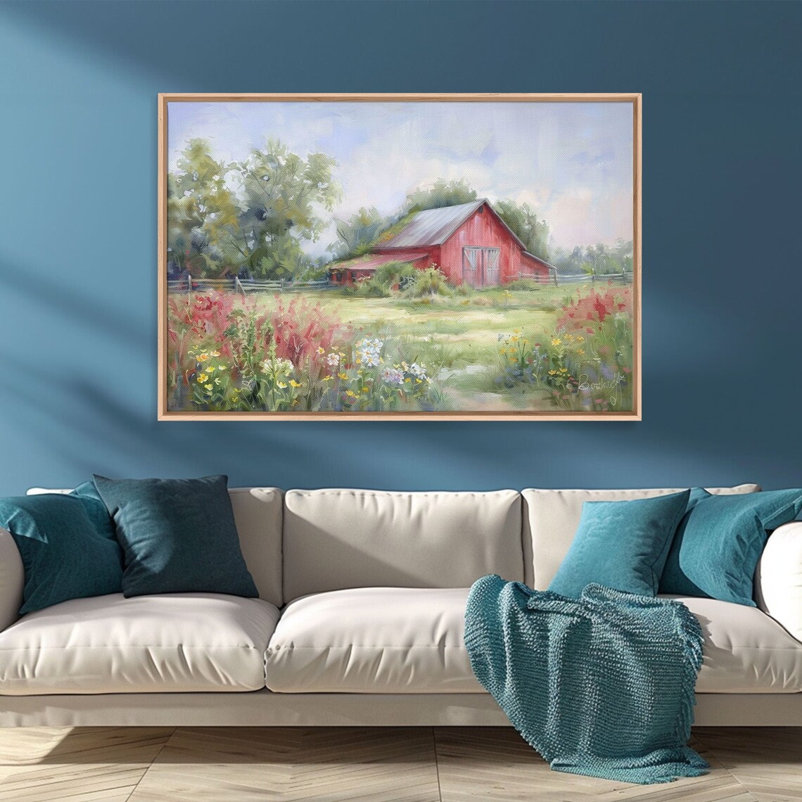 Red Barn Wildflower Meadow Watercolor Rustic Farmhouse Summer Poster