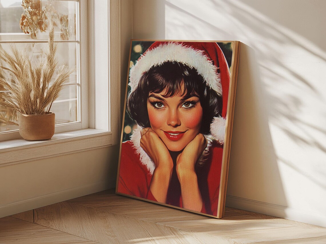Vintage Christmas Woman Santa Hat Pin Up Retro Portrait Holiday Poster - Image 3