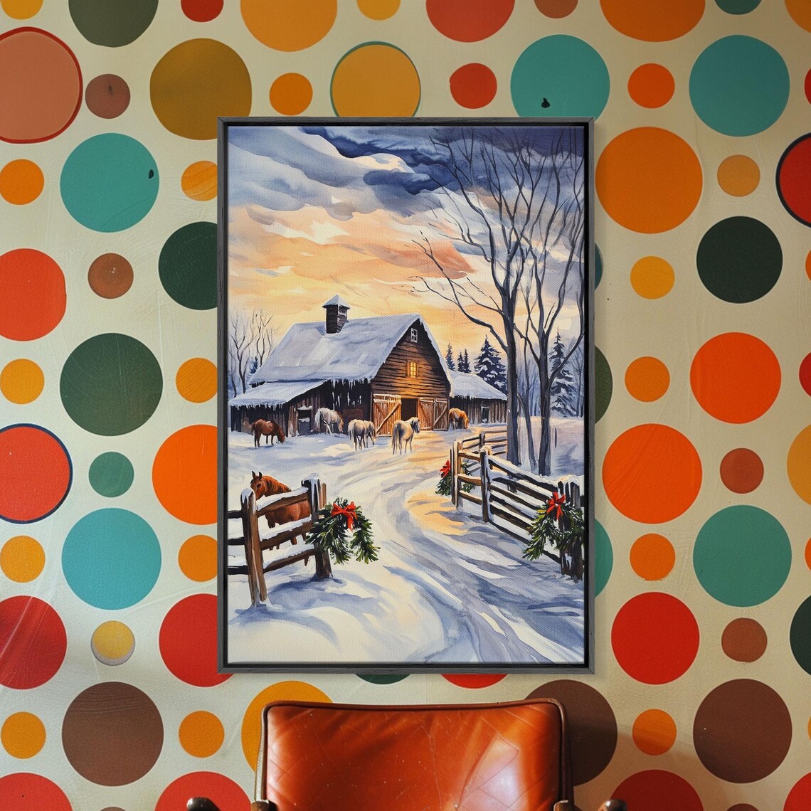 Christmas Farm Snow Barn Horses Wreath Sunset Watercolor Wall Art - Image 5