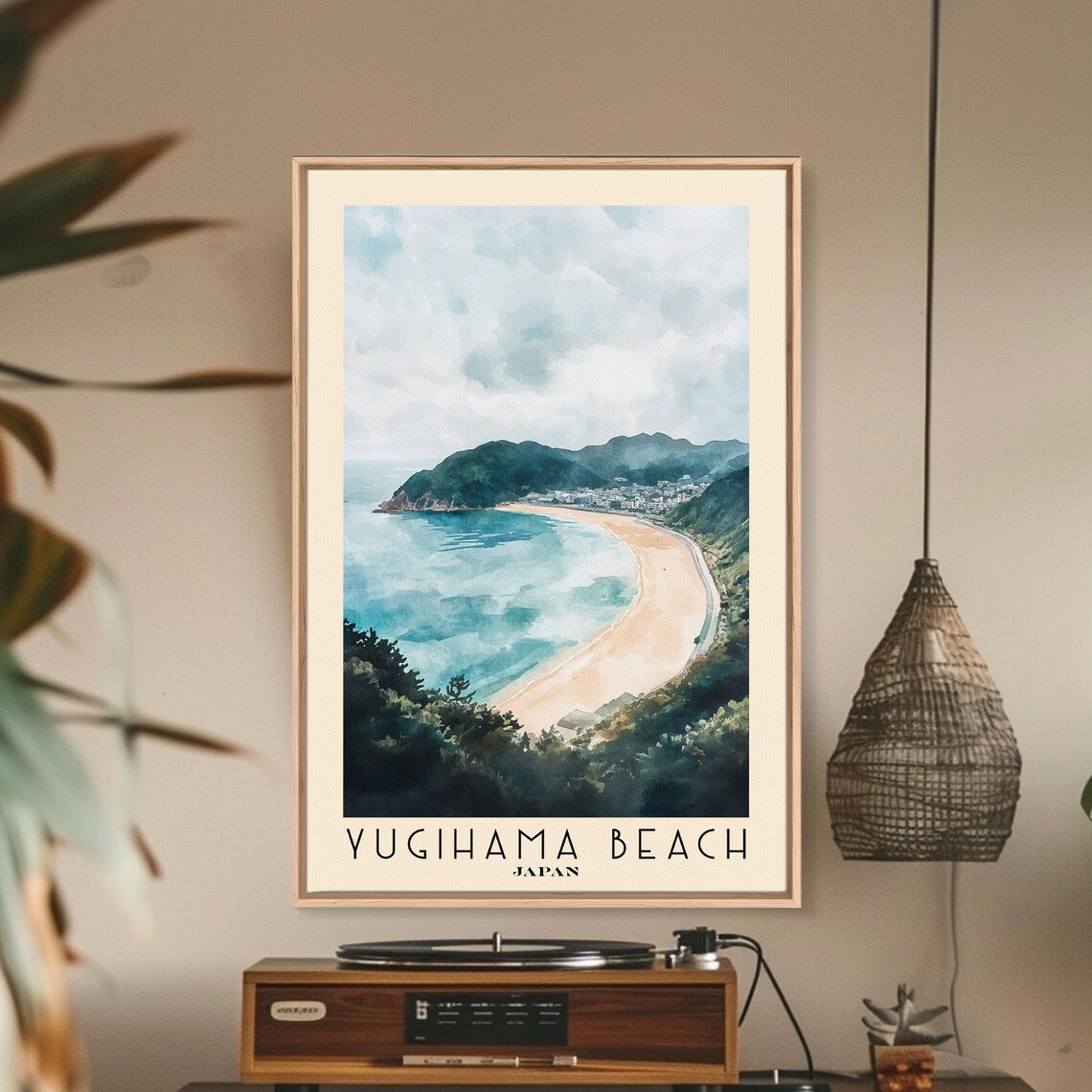 Yugihama Beach Japan Watercolor Curved Bay Green Hills Travel Poster - Image 3