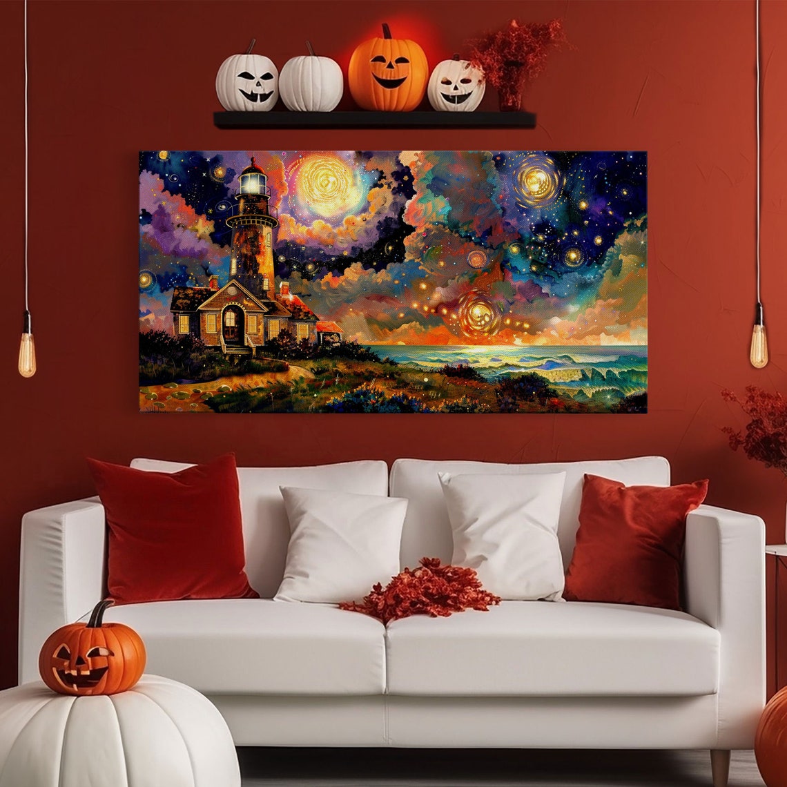 Colorful Lighthouse Under Starry Galaxy Sky Midcentury Style Art Print - Image 6