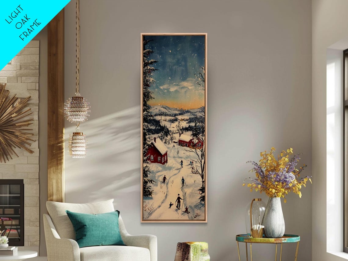 Snowy Village Night Red Barn Skaters Starry Sky Christmas Poster