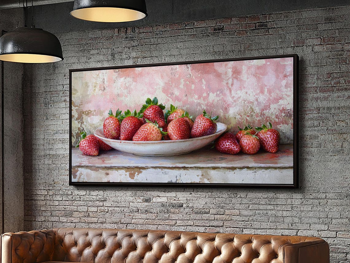 Fresh Strawberries In Bowl Rustic Pink Watercolor Kitchen Art Poster - Image 4