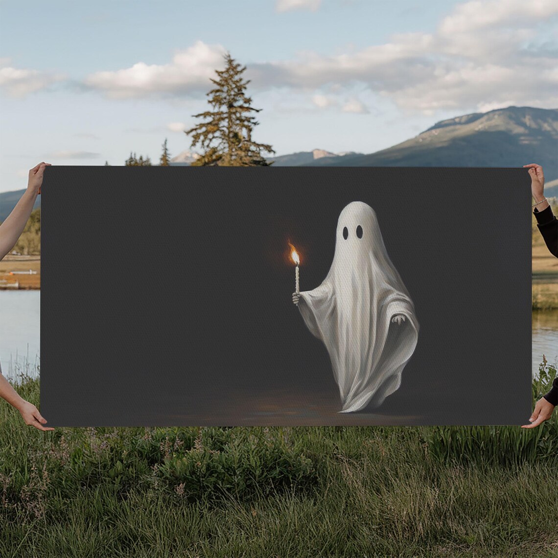 Cute Ghost Holding Candle Dark Background Oil Painting Halloween Poster