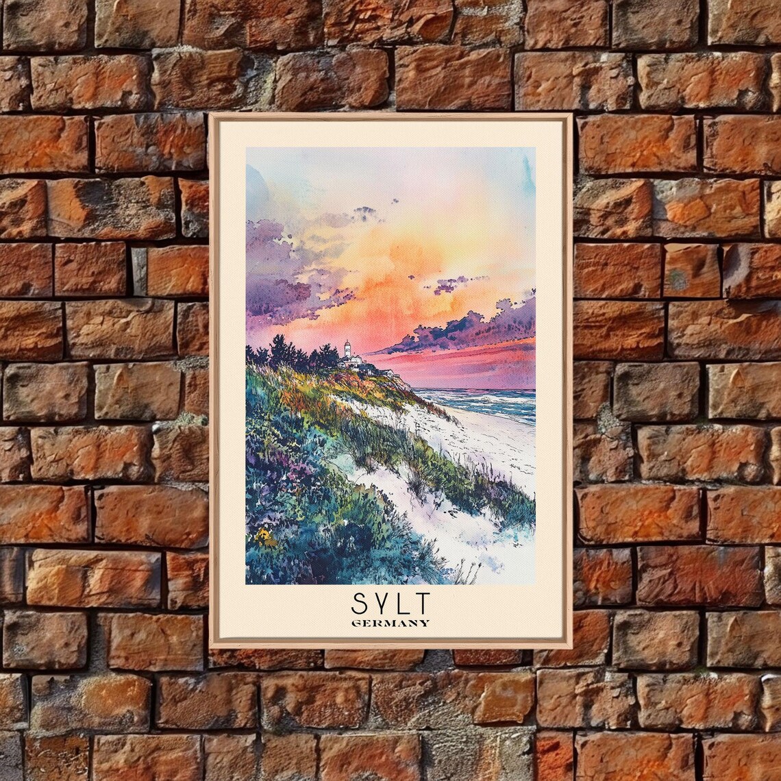 Sylt Germany Sunset Dune Coast Lighthouse Colorful Watercolor Poster - Image 4