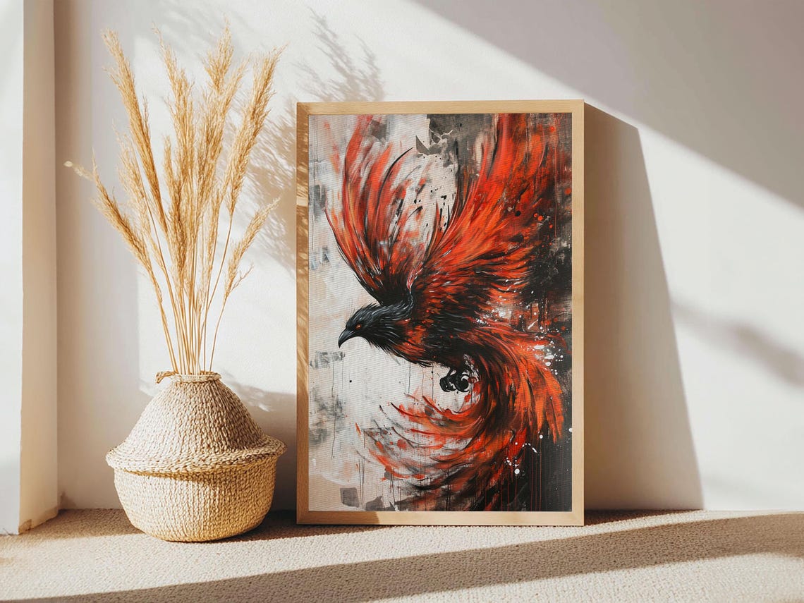 Rising Phoenix Flaming Wings Dramatic Red Black Bird Art Print - Image 3