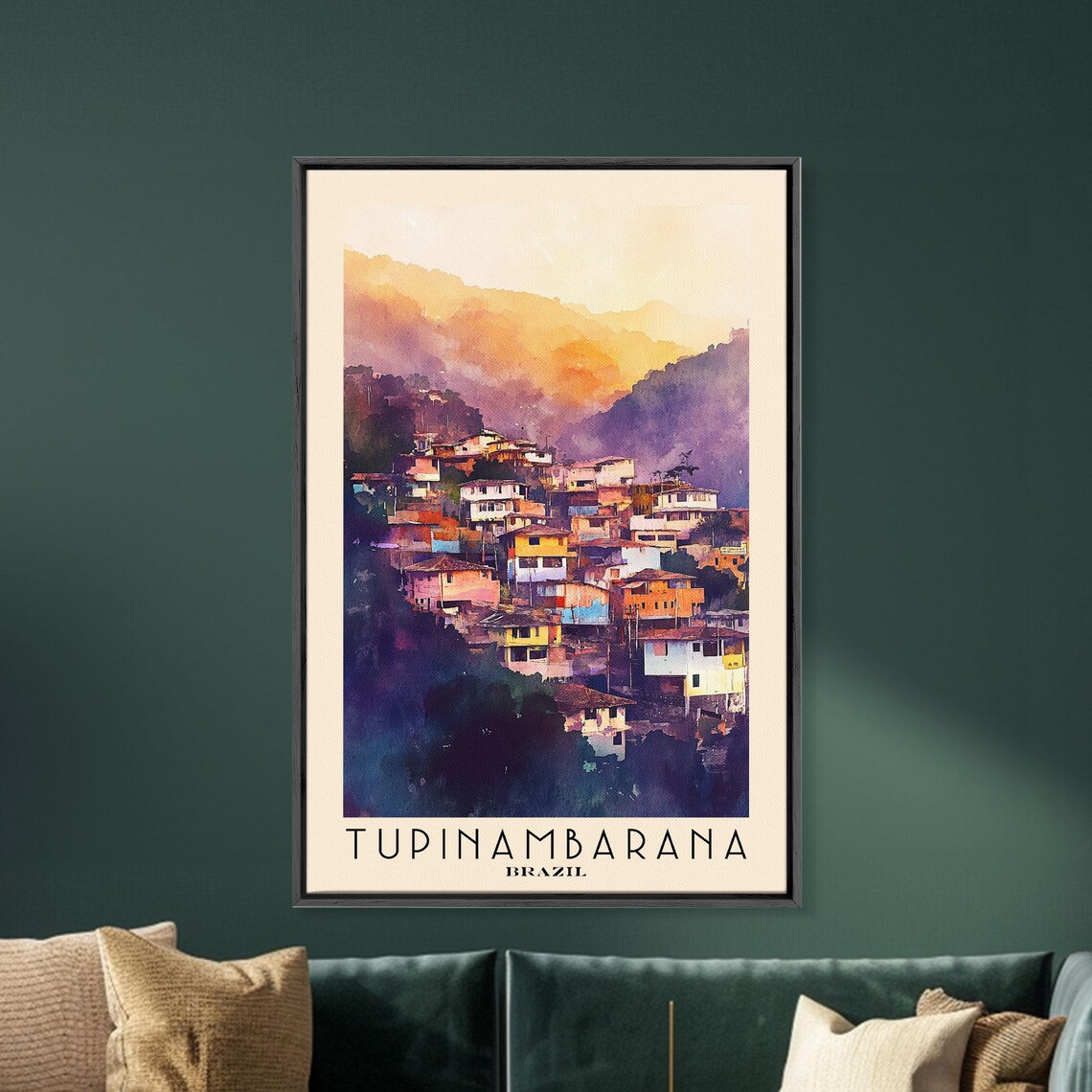 Tupinambarana Brazil Colorful Hillside Town Sunset Watercolor Poster