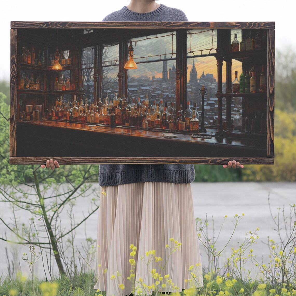 Old Timey Western Bar Oil Painting Of A Vintage Bar Overlooking The City Kitchen Art Kitchen Wall Art Home Bar Decor Bar Cart Art - Image 2