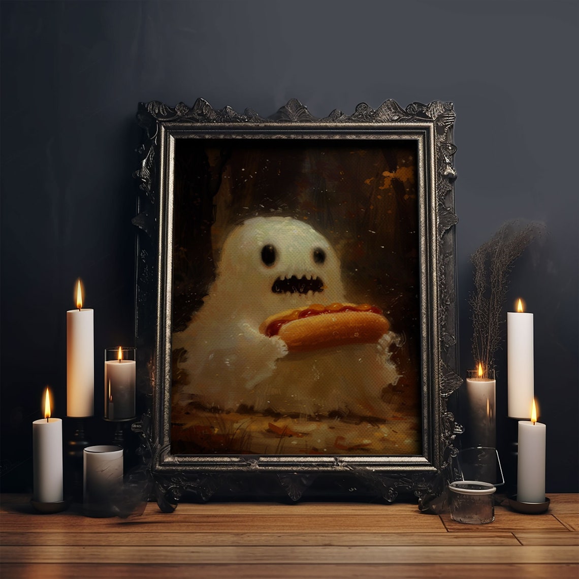 Cute Chubby Ghost Eating Hot Dog Autumn Forest Funny Art Poster - Image 5