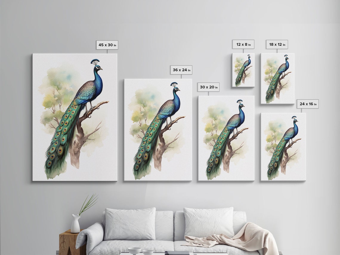 Peacock Perched On Branch Watercolor Elegant Bird Wall Art Poster - Image 2