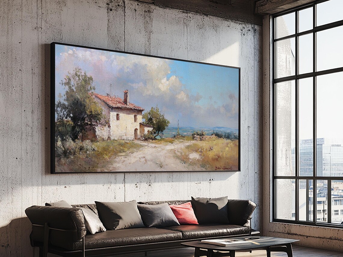 Italian Stone Cottage Red Tile Roof Sunny Field Countryside Oil Painting - Image 4