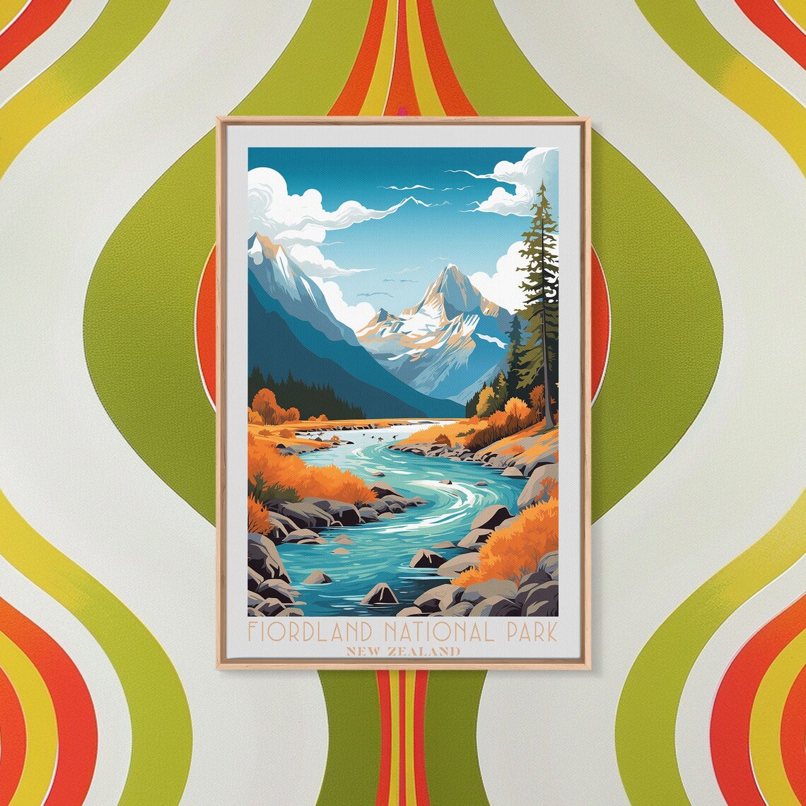 Fiordland New Zealand Alpine River Snow Peaks Autumn Foliage View Poster - Image 2